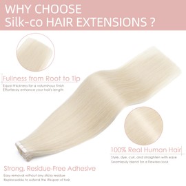 Silk-co Tape Extensions Real Hair, Pack of 20, Hair Extensions, Tape-In Extensions, Real Hair, Remy Hair Extensions, Glue Skin Weft Tape Ins, 50 g, 70# Bleach White, 40 cm