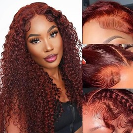 htsly Reddish Brown Lace Front Wigs Human Hair Pre Plucked Water Wave Wig Auburn Colored 13x4 HD Lace Frontal Wig for Black Women Copper Red Curly Wig 22 Inch