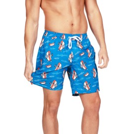 Tipsy Elves Men's Swim Trunks 7'' Inseam 4 Way Stretch Fabric Compression & Mesh Liner Swim Trunks for Men Bathing Suit, Blue Hot Dog Diver, Large