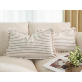 LIGICKY Set of 2 Fringe Lumbar Cushion Covers with Tassels Khaki Striped Boho Farmhouse Throw Pillow Covers Soft Rectangle Cushion Cases for Sofa Couch Bed Living Room Decor, 12 x 20 inch