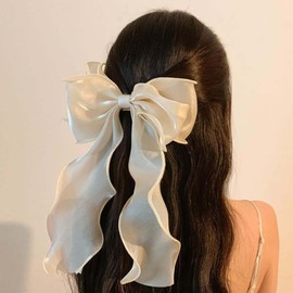 Andelaisi Vintage Silk Bow Hair Clips Long Silk Satin Bow Hair Barrettes French Chiffon Bow Hairclip Barrette Long Silk Ribbon Bow Hair Clips Headpiece Large Silky Bow Hair Accessories for Women