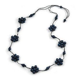 Avalaya Stunning Dark Blue Wood Flower Black Cotton Cord Long Necklace - 90cm L