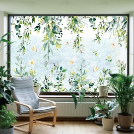 JarThenaAMCS Spring Summer Flowers Window Clings Extra Large Eucalyptus Leaves Window Stickers Greenery Plant Hanging Vine Floral Double-Side Static Window Decals for Wedding Party Home Decor,6 Sheets