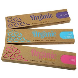 Organic Goodness Incense Sticks - Lavender, Nag Champa, Rose with Incense Stick Holder | Natural & Handcrafted Aromatherapy | 3 Pack