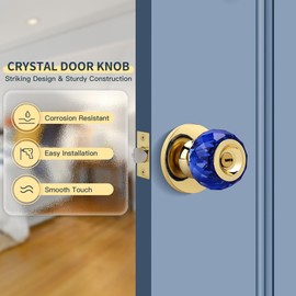 LOQRON Crystal Door Knob with Privacy Lock, Blue Glass Interior Door Knob with Keys and Lock, Round Design Crystal Doorknob for Bathroom Bedroom, Gold