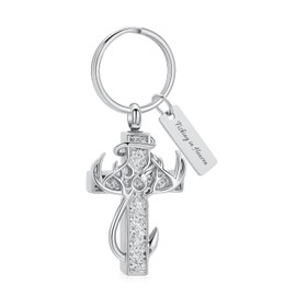 XSMZB Cross Cremation Jewelry Urn Necklace for Human Ashes Fish Hook Memorial Urn Pendant Deer Antler Cross Ashes Holder Keepsake Jewelry(Silver Keychain)