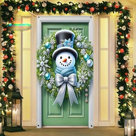BlissYard Merry Christmas Door Cover Snowman Wreath Lantern Design Hanging Banner Backdrop Front Door Porch Photography Background Winter Xmas New Year Decoration 71x35 Inch（Banner, Not a Real Wreath）