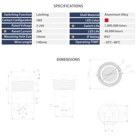 KWONONG LED Latching Push Button Switch, Aluminum Alloy, IP67 Waterproof 5-24V 20A 1NO, with Wire Socket Plug (2, Red, 19mm)