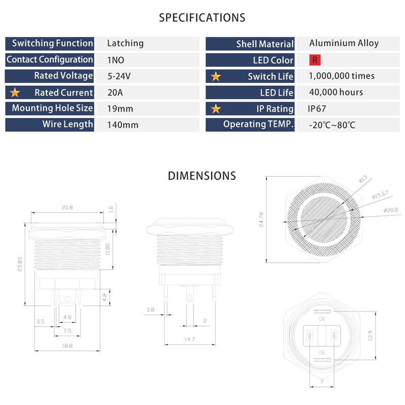 KWONONG LED Latching Push Button Switch, Aluminum Alloy, IP67 Waterproof