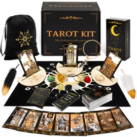 Tarot Cards with Guide Book, 78 Black Tarot Cards Set with Tarot Cloth, Chakra Stones, Tarot Bag and More, Classic Tarot Cards for Beginners Kit, Tarot Deck Fortune Telling Game