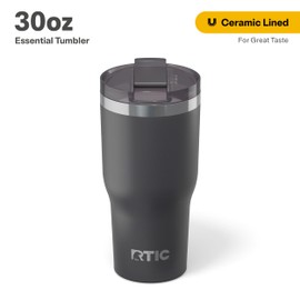 RTIC 30oz Essential Tumbler with Lid, Insulated, Stainless Steel, Metal, Double Wall Vacuum-Insulation, Ceramic Lined, Travel Cup for Iced Coffee, Tea, Hot and Cold Drink, Graphite