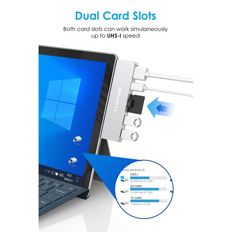 LENTION USB-C 7-in-1 Hub for Surface Pro 7 Only with