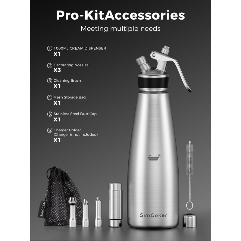 Professional Stainless Steel Whipped Cream Dispenser, 1L / 1 Quart