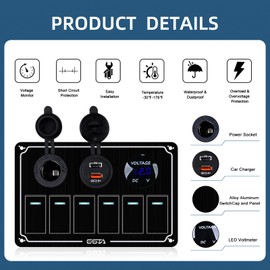 GGTA 6 Gang Marine Switch Panel Waterproof, Boat Rocker Switch Panel with Charger (PD,QC3.0) & Voltage Meter, 12V/24V Toggle Switch Panel for Automotive Modification、Boats、Outdoor