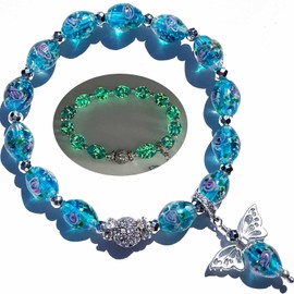 ARTSY CRAFTS INC Oval Shaped Glow in the Dark Firefly Bead Bracelets, Butterfly Charm Rose Flower Beaded Bracelet Luminous Murano Jewelry, Gifts for Birthday Valentines (Blue 6-7")
