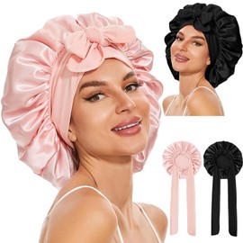 Gorro para Dormir,Gorro de Seda para Dormir Ajustable 2 Piezas,Gorro De Dormir Suave Satinado Reutilizable y Cómodo con Banda Elástica Ancha,Gorro De Seda para El Cuidado del Cabello Rizado (Negro + Rosa)