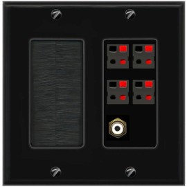 RiteAV 4 Port Speaker Wire Plug Jack Wall Plate+RCA for Subwoofer Brush [Black]