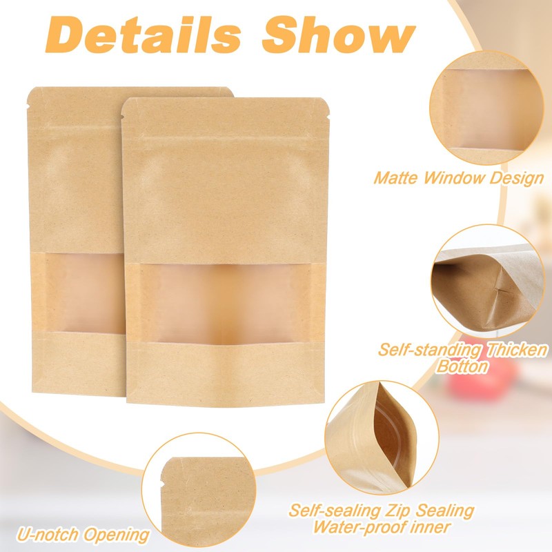 300 Pcs Stand Up Pouches with Window, Reusable Food Storage