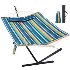 Homgava Two Person Hammock with Stand Heavy Duty, Outdoor Patio Hammock with Portable Steel Stand, Large Double Hammocks,480lbs Capacity.(Middle Blue Stripes)