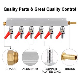 MRbrew Gas Manifold CO2 Gas Distributor, 5/16'' Barb Fitting Beer Kegerator Splitter, 6-Way Air Distributor with Integrated Check Valves & Hose Clamps