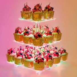 YestBuy 3 Tier Cupcake Stand - Premium Cupcake Holder - Acrylic Cupcake Tower Display - Acrylic Display for Pastry + LED Light String - Ideal for Weddings, Birthday Parties(Multicolored)