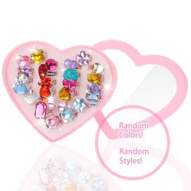 Hifot 24 pcs Girls Crystal Adjustable Rings, Princess Jewelry Finger Rings with Heart Shape Box, Girl Pretend Play and Dress up Rings for Children Kids Little Girls - Random