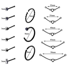 Kiethleasa 20G Nose Ring Nose Piercing Chain Stainless Steel Across Nose Nostril Jewelry with CZ Nose Hoop Bone Screw L Shaped Nose Ring Stud for Women Men High Nostril Bridge Nose Jewelry, Stainless