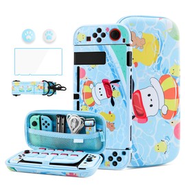 HYPERCASE for NS Accessories Bundle Cute Switch Case Kit, with Blue Switch Travel Carrying Bag of Pocha Dog, Hard Switch Protective Skin Cover for NS, Screen Protector, Shoulder Straps & 2 Thump Caps