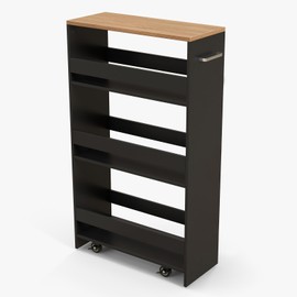 POWERSTONE 4-Tier Slim Storage Cart, Narrow Kitchen Rolling Cart w/Handle & Open Shelves, Skinny Slide Out Utility Organizer Trolley for Kitchen Bathroom Laundry Small Spaces Black & Natural