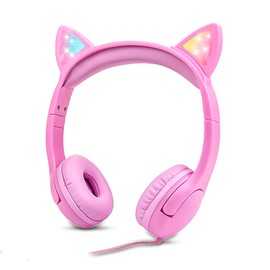 Olyre Girls Headphones with LED Light Up Cat Ears 85db Volume Limited Kids Headphones,On-Ear LED Children Headphones for School Learning Travel -Pink