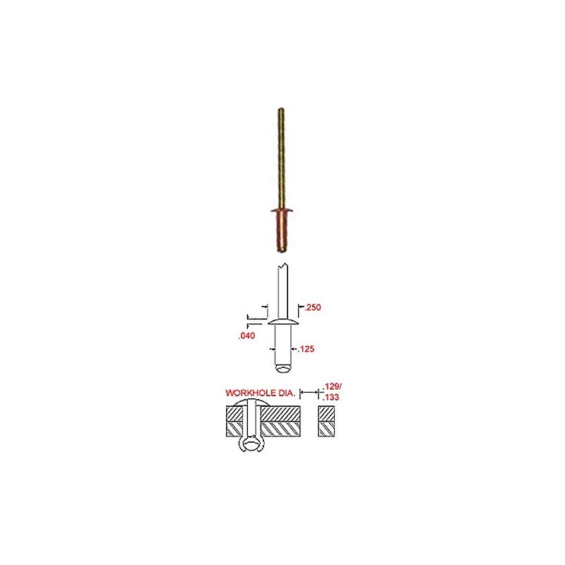1/8" Diameter Copper Blind Rivet with Brass Mandrel, Dome Head,