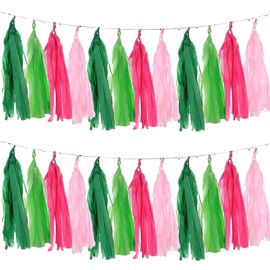 Pink and Green Tissue Paper Tassels Party Tassel Garland Banner for Hawaiian Summer Tropical Theme Party Birthday Wedding Decorations, DIY Kits,20PCS