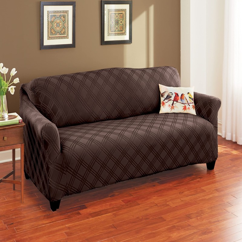 Collections Etc Double Diamond Form Fit Stretch Furniture Slipcover, Chocolate,