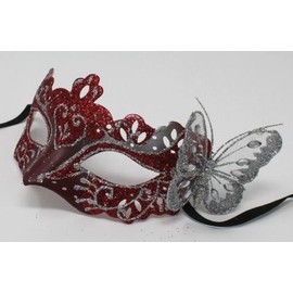 LADIES SPARKLING RED & SILVER RIALTO VENETIAN MASQUERADE CARNIVAL PARTY EYE MASK WITH BUTTERFLY