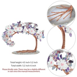 mookaitedecor Natural Amethyst & Aquamarine Crystal Tree with Agate Slice Base, Embroidered Lace Floral Money Tree for Home Office Desk Decoration, 4.5-5.2 Inch High
