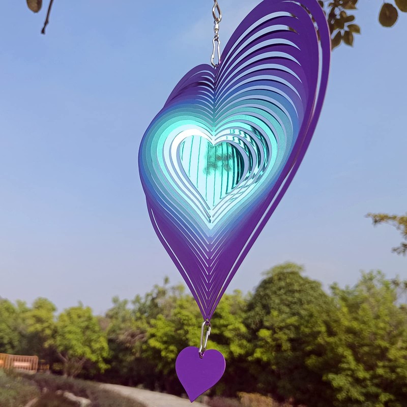 DJUAN Wind Spinner Purple-Green Gradient Love Heart 3D Metal Hanging