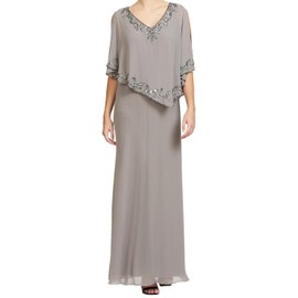 J Kara Women's Capelet Embroidered Beaded Trim Long Dress, Mercury Multi, 16P