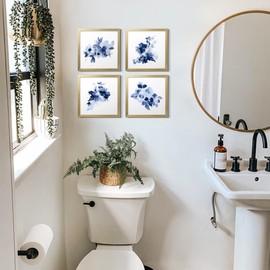 ArtbyHannah Framed Bathroom Wall Art, Blue Watercolor Flowers Wall Decor Gold Picture Frame Collage Set (4 Pack 10x10 inch)