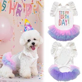 Yaopelky Dog Birthday Dress It's My Birthday Small Dog Tutu Dress Ruffle Sleeveless Puppy Clothes Tulle Lace Skirt Pet Costume Cat Outfits (White, M)