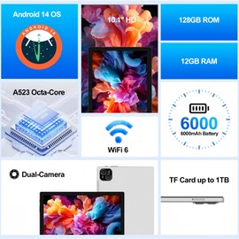 ATMPC Tablet, 10 inch Android 14 Tablet, Octa-Core Processor, 12GB RAM + 128GB ROM, 1280x800 HD IPS Touchscreen, 6000mAh Battery, 2.4G/5G WiFi 6, BT 5.4, Dual Camera, Metal Body, Sliver
