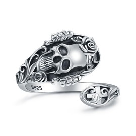 AMBCESSER Sterling Silver Skull Spoon Ring - Antique Adjustable Skull Thumb Ring Vintage Jewelry Gifts for Women, Sterling Silver, No Gemstone