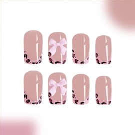 Press on Nails Medium Square Leopard French Tip Fake Nails with Bow Desings Nude Glue on Nails Glossy False Nails Press ons Acrylic Stick on Nails for Women 24 Pcs