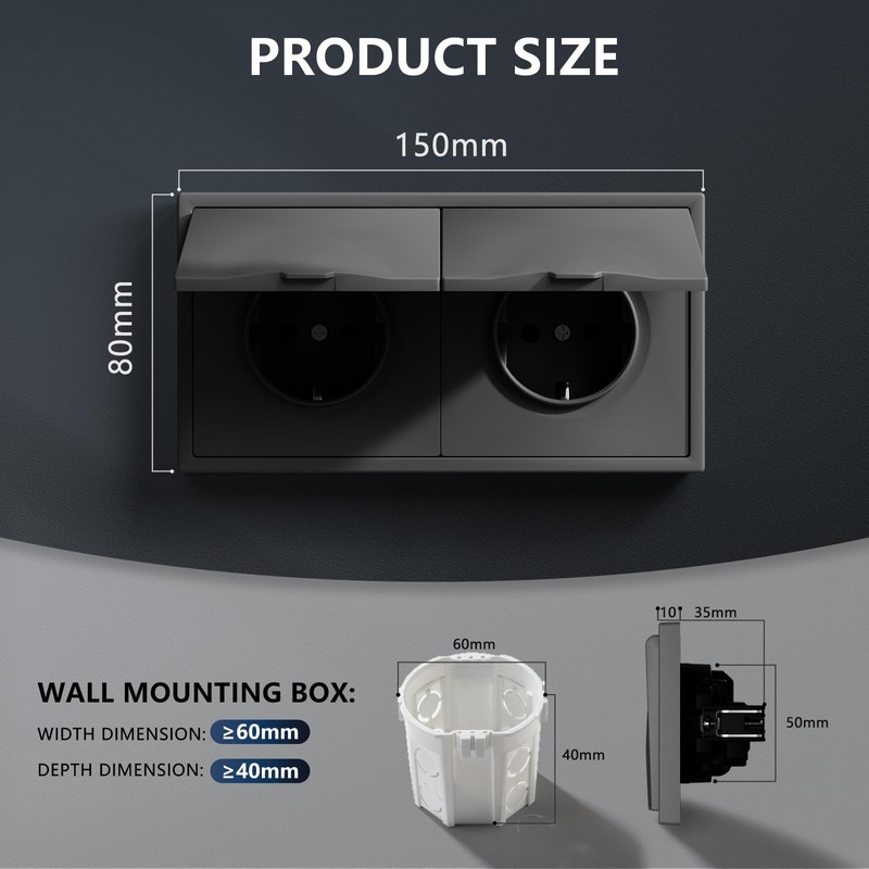 BSEED 2-Way Socket Flush-Mounted with Waterproof Cover, 250 V 16