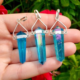 Sublime Gifts Blue Aqua Aura Quartz crystal healing gemstone point pendant - 1pc