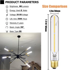 LVYE T10 LED Bulb 4W Equal E26 LED Bulb 40 Watt dimmable Neutral White 4000K E26 Edison Bulb AC120V 400lm Tubular Light Bulb T9 for Rustic Pendant,Island,Chandeliers,Wall sconces Pack of 4