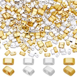 CREATCABIN 400Pcs 2 Hole Half Tila Beads 24K Gold Plated Seed Beads Bulk Silver Rectangle Metallic Flat Mini Opaque Electroplated Hematite for Craft Bracelet Necklace Earring Jewelry Making 2mm