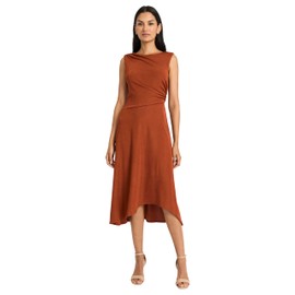 Maggy London Women's Sleeveless Midi Dress-Draped Bodice, High-Low Hem, Elegant A-Line Silhouette, Rust