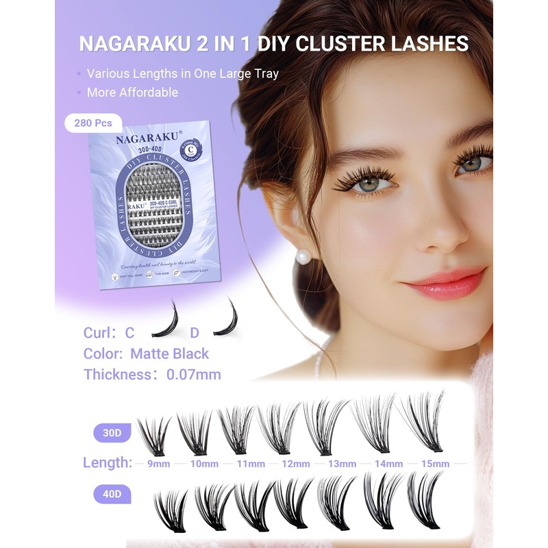 NAGARAKU Individual Eyelash Clusters, 30D, 40D, Mega Volume DIY Set,