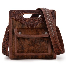 Trinity Ranch Hair-On Cowhide Crossbody Bags for Women Floral Tooled Handbags Western Top Handle Antique Silver Embellishments Cross Body Purse TR173G-A9360BR
