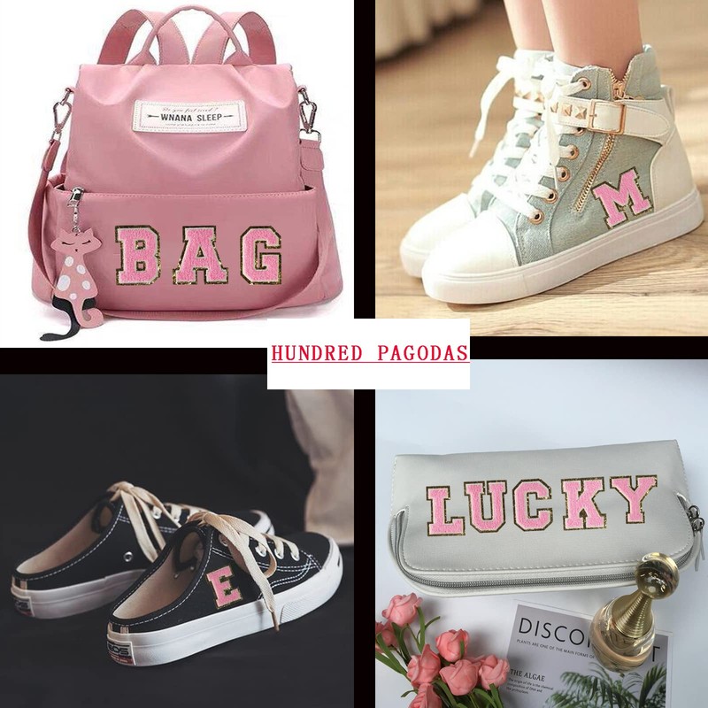 6 parches de felpilla rosa, letras bordadas, parches con purpurina,